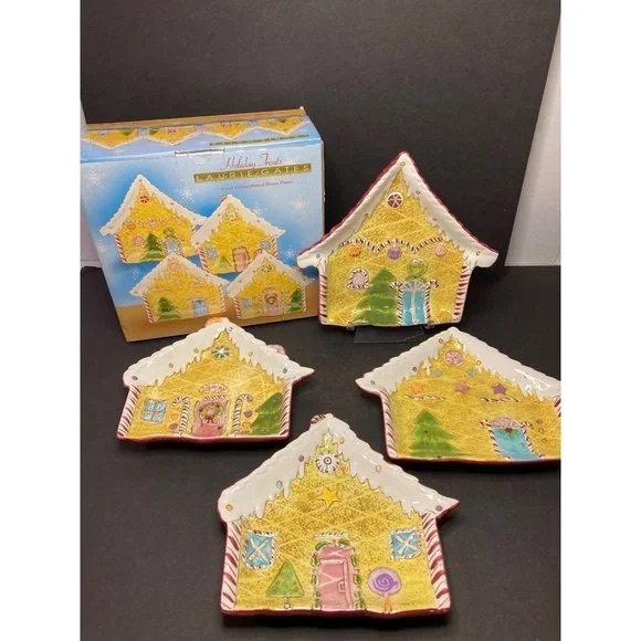 Brand New Laurie Gates Holiday Gingerbread Ceramic Plates | Set of 4 - Picture 2 of 8